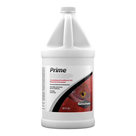 Seachem Prime 4L concentrated water conditioner for freshwater and saltwater aquariums, removes chlorine and detoxifies ammonia.