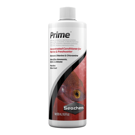 Seachem Prime 500ml water conditioner bottle for freshwater and saltwater aquariums, removes chlorine and detoxifies ammonia.