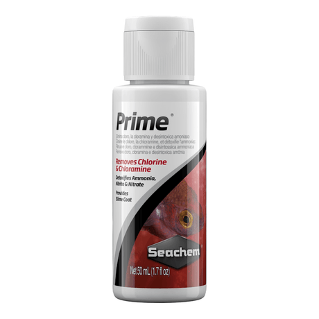 Seachem Prime 50ml water conditioner removes chlorine and chloramine while detoxifying ammonia, nitrite, and nitrate.