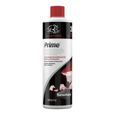 Seachem Prime 325ml water conditioner for freshwater and saltwater aquariums, removes chlorine and detoxifies ammonia.