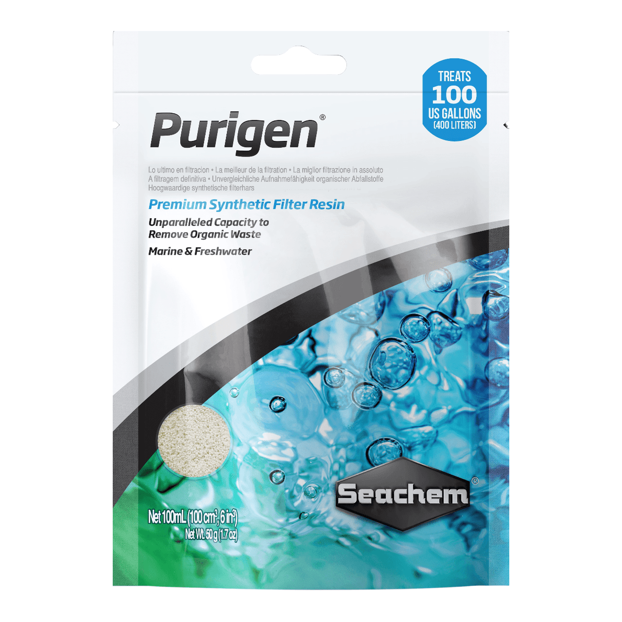 Seachem Purigen 100ml bag premium synthetic filter resin for aquariums, removes organic waste for clearer water.