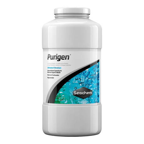 Seachem Purigen 1L bottle for aquarium filtration, removes organic waste, targets nitrogen-based compounds.