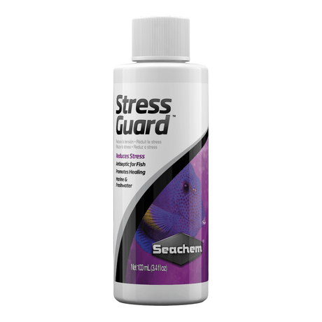 Seachem Stress Guard 100ml fish care conditioner for reducing stress and promoting healing in freshwater and marine aquariums.