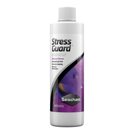 Seachem Stress Guard 250ml fish care conditioner reduces stress and promotes healing for freshwater and marine aquariums.
