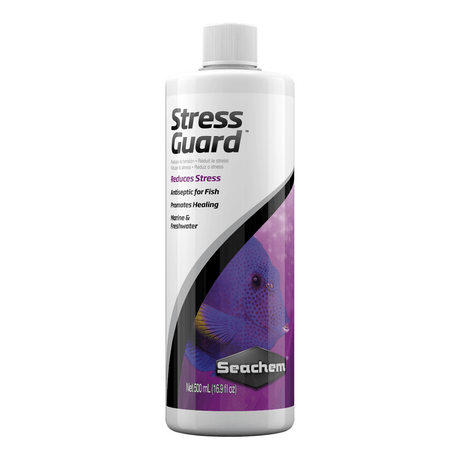 Seachem Stress Guard 500ml, a fish care conditioner that reduces stress and promotes healing for aquatic environments.