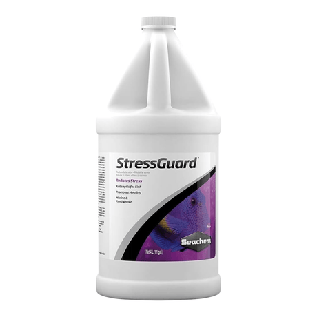 Seachem Stress Guard 4L fish care conditioner reduces stress and aids recovery for aquarium fish.