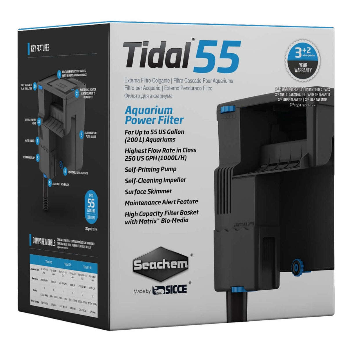 Seachem Tidal Power Hang-On Filters box showcasing features for aquariums up to 55 gallons.