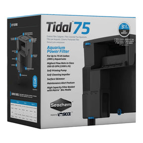 Seachem Tidal Power Hang-On Filters box showing features and specifications for aquarium filtration.