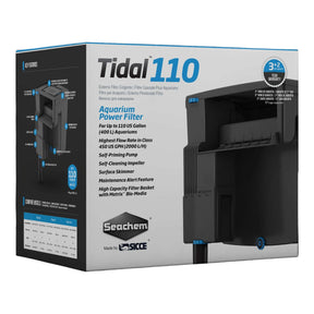 Seachem Tidal Power Hang-On Filters packaging showcasing features and specifications for aquarium filtration.