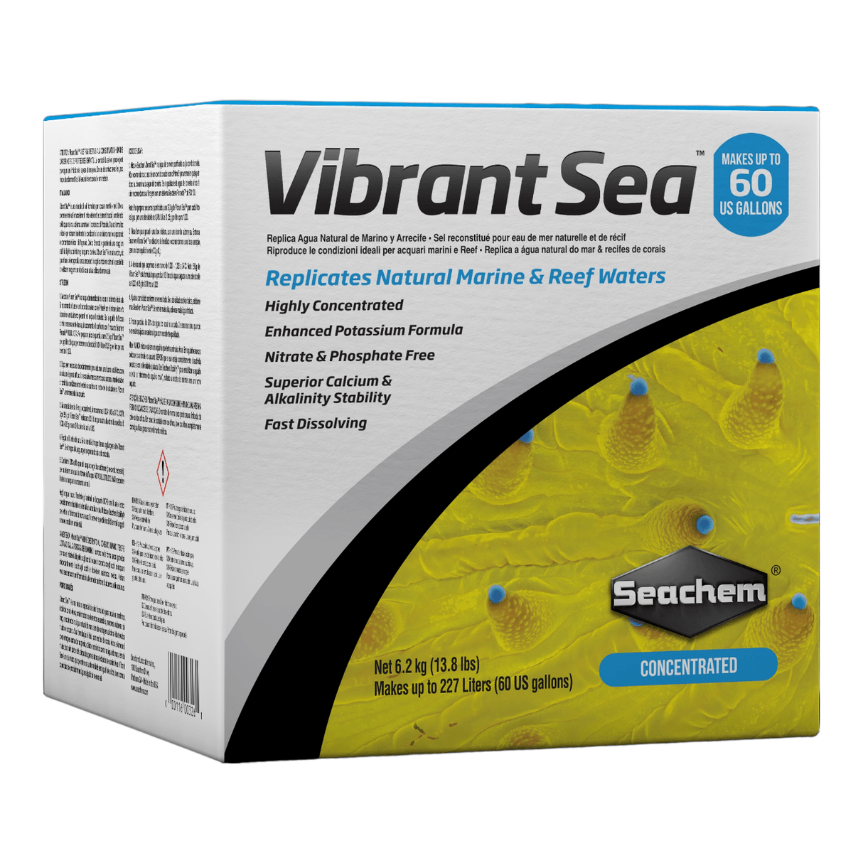 Seachem Vibrant Salt packaging, 6.25kg size, fast-dissolving marine salts for aquarium systems.