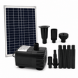 Solar Fountain Pump Kit with Solar Panel components including pump, solar panel, and connectors for water features.