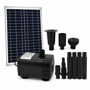 Solar Fountain Pump Kit with Solar Panel components including pump, solar panel, and connectors for water features.