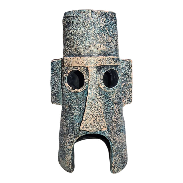 Squidward mask aquarium ornament in dark gray, textured design with hollow eyes and cone top for mysterious charm.
