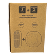 Stainless Steel Pet Water Fountain Replacement Filters pack containing 3 polyester pads and 3 premium charcoal sponges.
