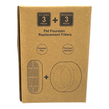 Stainless Steel Pet Water Fountain Replacement Filters pack containing 3 polyester pads and 3 premium charcoal sponges.