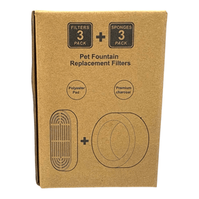 Stainless Steel Pet Water Fountain Replacement Filters pack containing 3 polyester pads and 3 premium charcoal sponges.