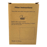Stainless Steel Pet Water Fountain Replacement Filters instructions for rinsing and replacing filter every 4 weeks.