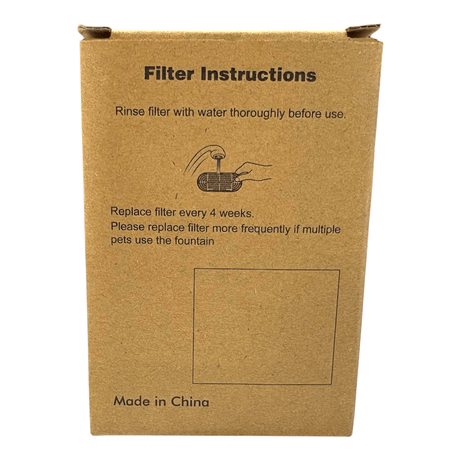 Stainless Steel Pet Water Fountain Replacement Filters instructions for rinsing and replacing filter every 4 weeks.