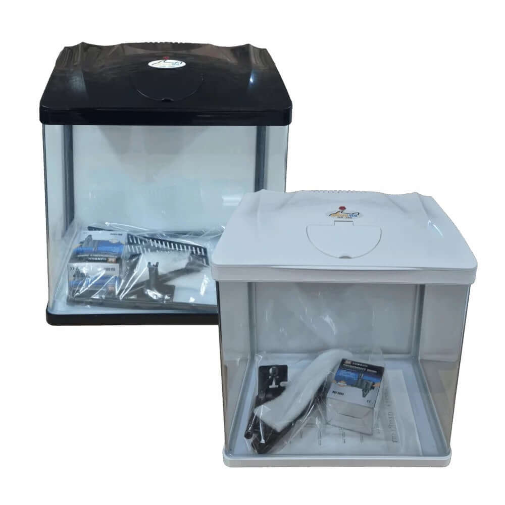 Sun Sun Aquarium HR-380 with built-in filtration system in black and white tanks.