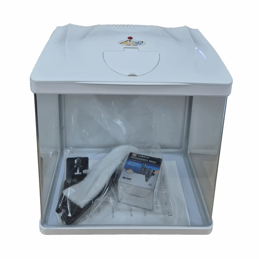 Sun Sun Aquarium HR-380 showing built-in filtration system and accessories for optimal aquarium setup.