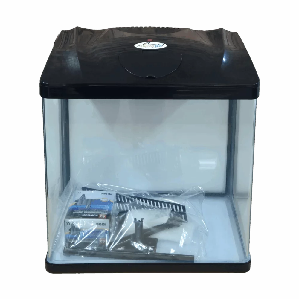 Sun Sun Aquarium HR-380 with built-in filtration system and LED light shown in a clear tank.