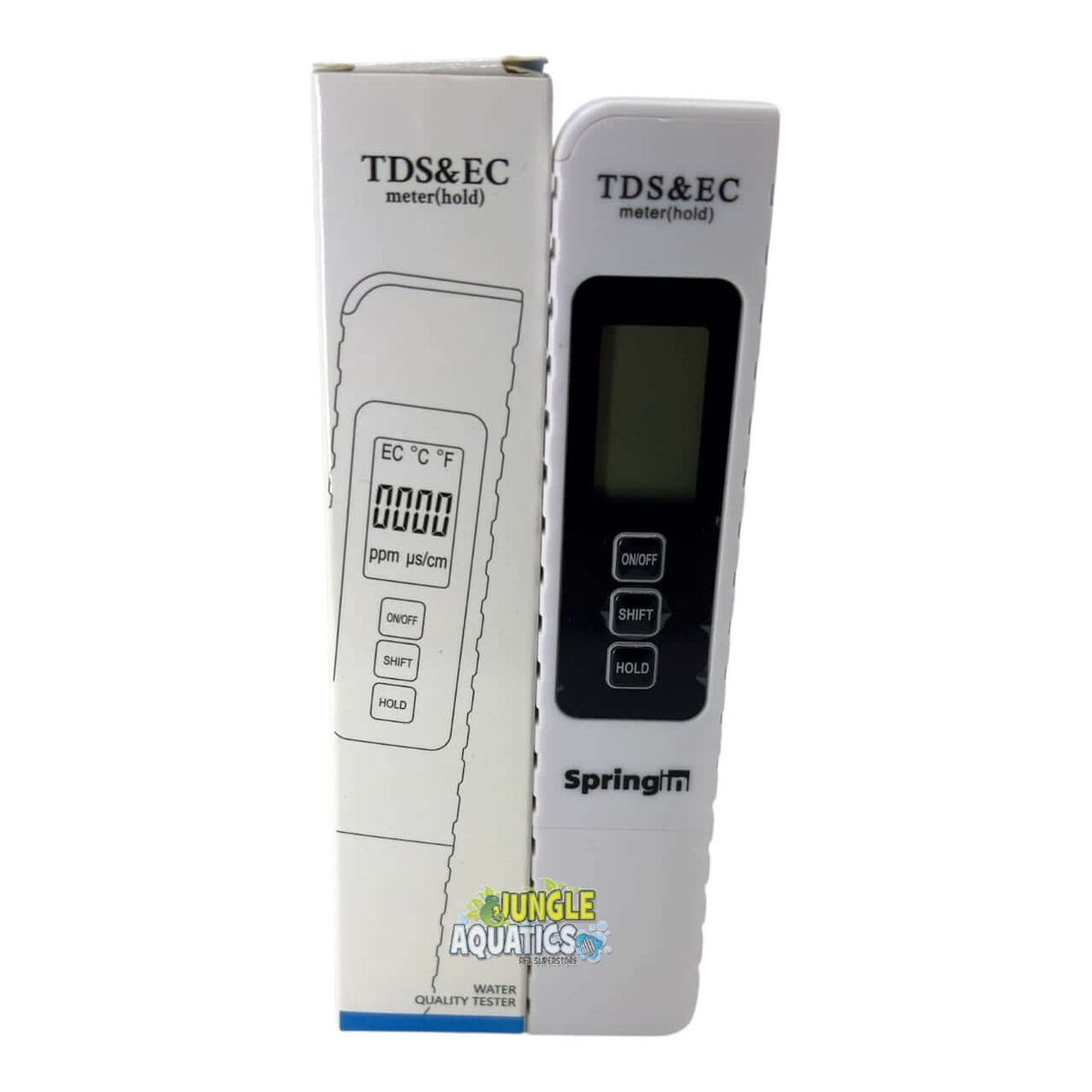 TDS 2 in 1 Pen with box showcasing water quality testing functionalities and clear digital display