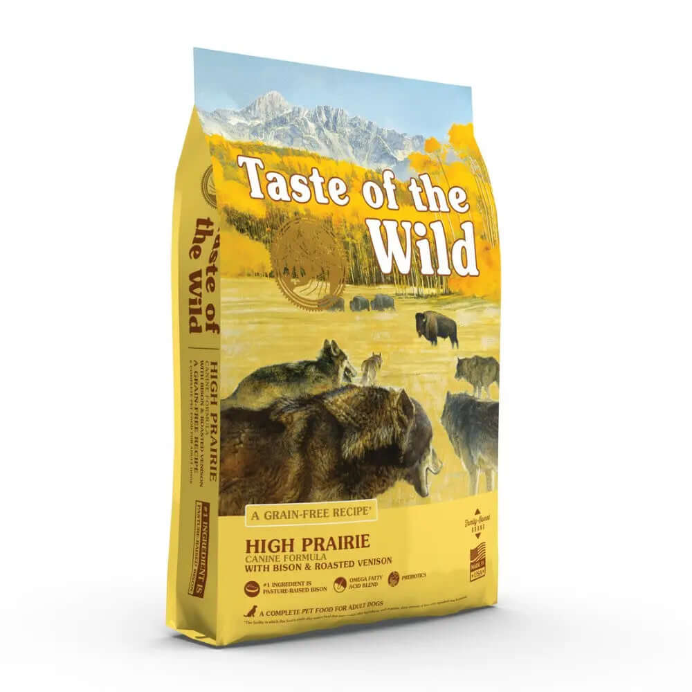 Taste of the Wild Canine High Prairie Dry Dog Food bag featuring bison and roasted venison with a wild landscape design.