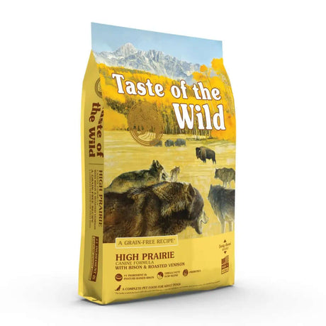 Taste of the Wild Canine High Prairie Dry Dog Food bag featuring bison and roasted venison with a wild landscape design.