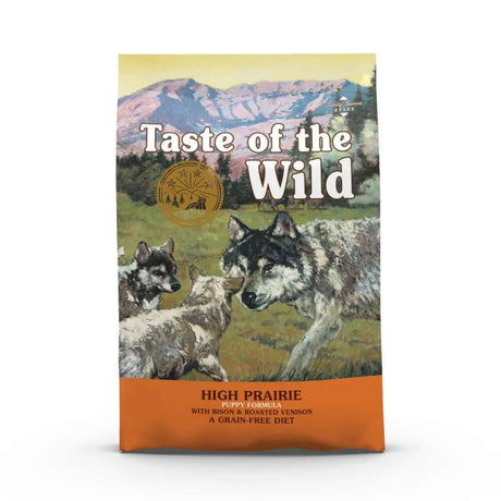 Taste of the Wild Canine High Prairie Puppy Dry Food bag with wolves and mountain scenery
