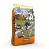 Taste of the Wild Canine High Prairie Puppy Dry Food bag featuring wolves in a natural setting.