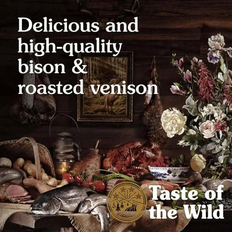 Taste of the Wild Canine High Prairie Puppy Dry Food featuring bison and roasted venison ingredients.