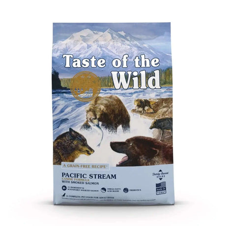 Taste of the Wild Canine Pacific Stream Dry Dog Food bag featuring smoked salmon and natural ingredients.