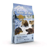 Taste of the Wild Canine Pacific Stream Dry Dog Food bag featuring smoked salmon and wilderness imagery.