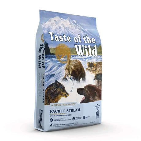 Taste of the Wild Canine Pacific Stream Dry Dog Food bag featuring smoked salmon and wilderness imagery.