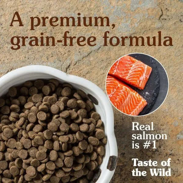 A bowl of Taste of the Wild Canine Pacific Stream Dry Dog Food with real salmon pieces.
