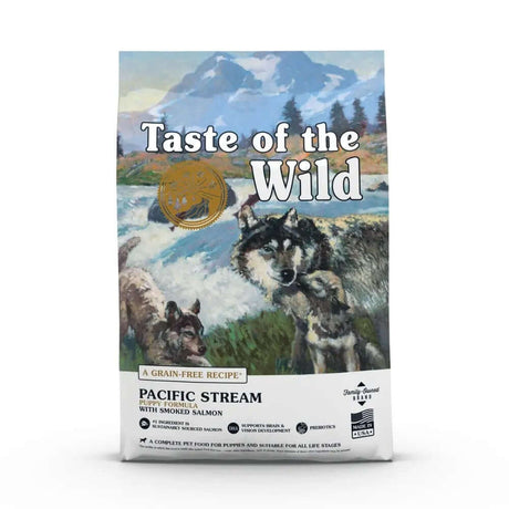 Taste of the Wild Canine Pacific Stream Puppy Food bag featuring wolves and a natural landscape.