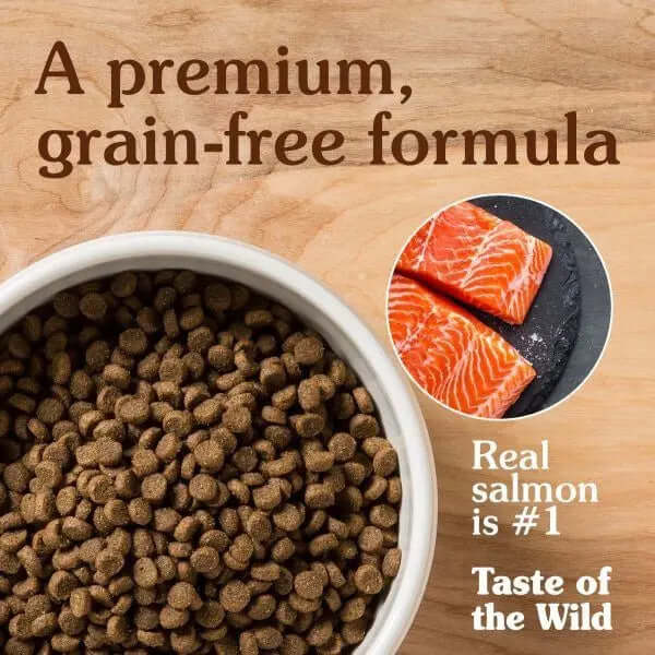 Taste of the Wild Canine Pacific Stream Puppy Food with salmon and kibble in a bowl.