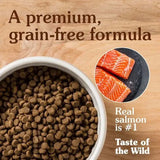 Taste of the Wild Canine Pacific Stream Puppy Food with salmon and kibble in a bowl.
