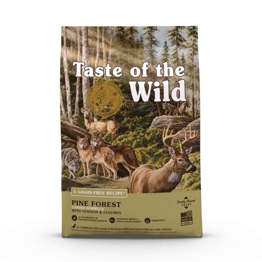 Taste of the Wild Canine Pine Forest Dry Food bag featuring venison and legumes with wildlife scene.
