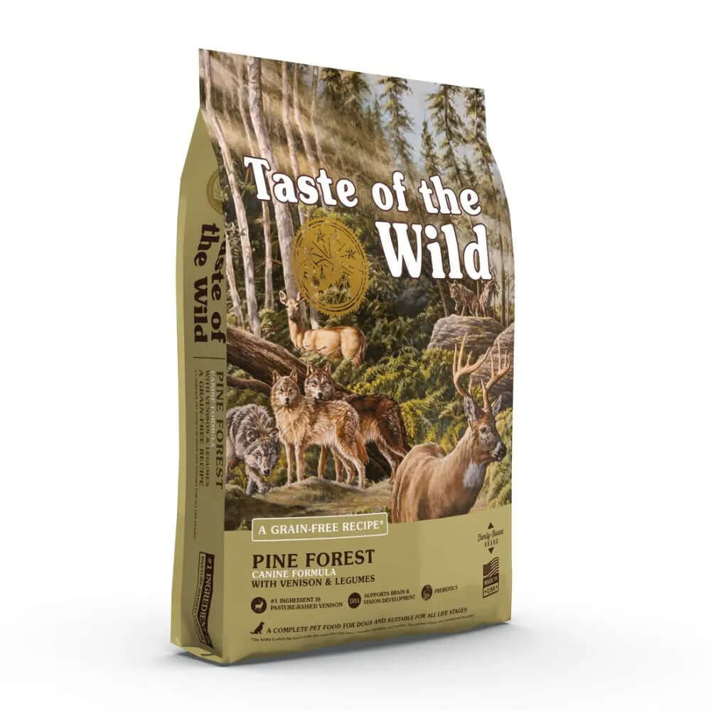 Taste of the Wild Canine Pine Forest Dry Food packaging featuring venison and legumes in a grain-free recipe.