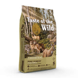 Taste of the Wild Canine Pine Forest Dry Food packaging featuring venison and legumes in a grain-free recipe.