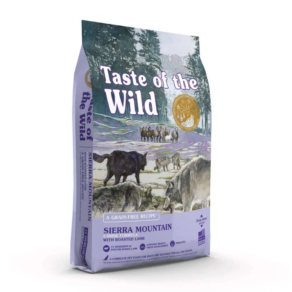 Taste of the Wild Canine Sierra Mountain Dry Dog Food bag featuring roasted lamb and natural ingredients.