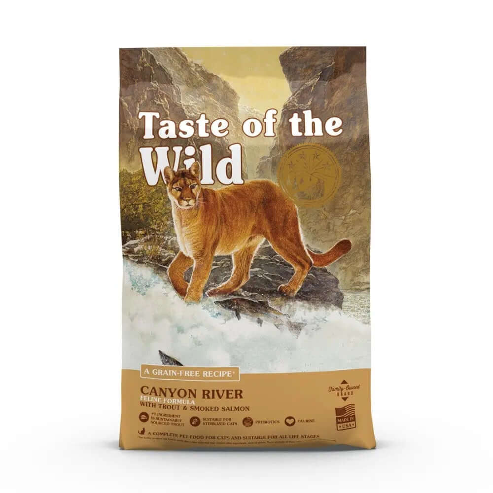 Taste of the Wild Feline Canyon River Cat Food bag featuring a mountain lion near a river.