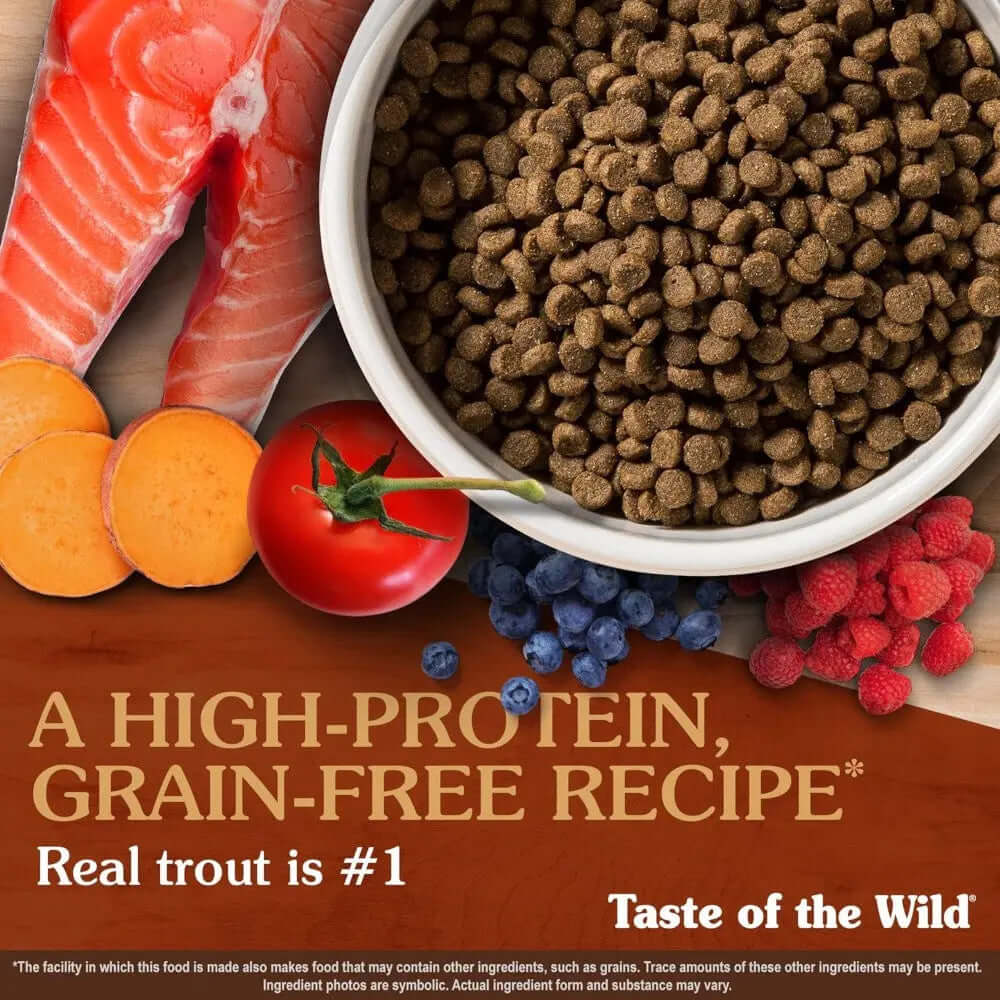 Taste of the Wild Feline Canyon River Cat Food with trout, salmon, and nutritious vegetables.