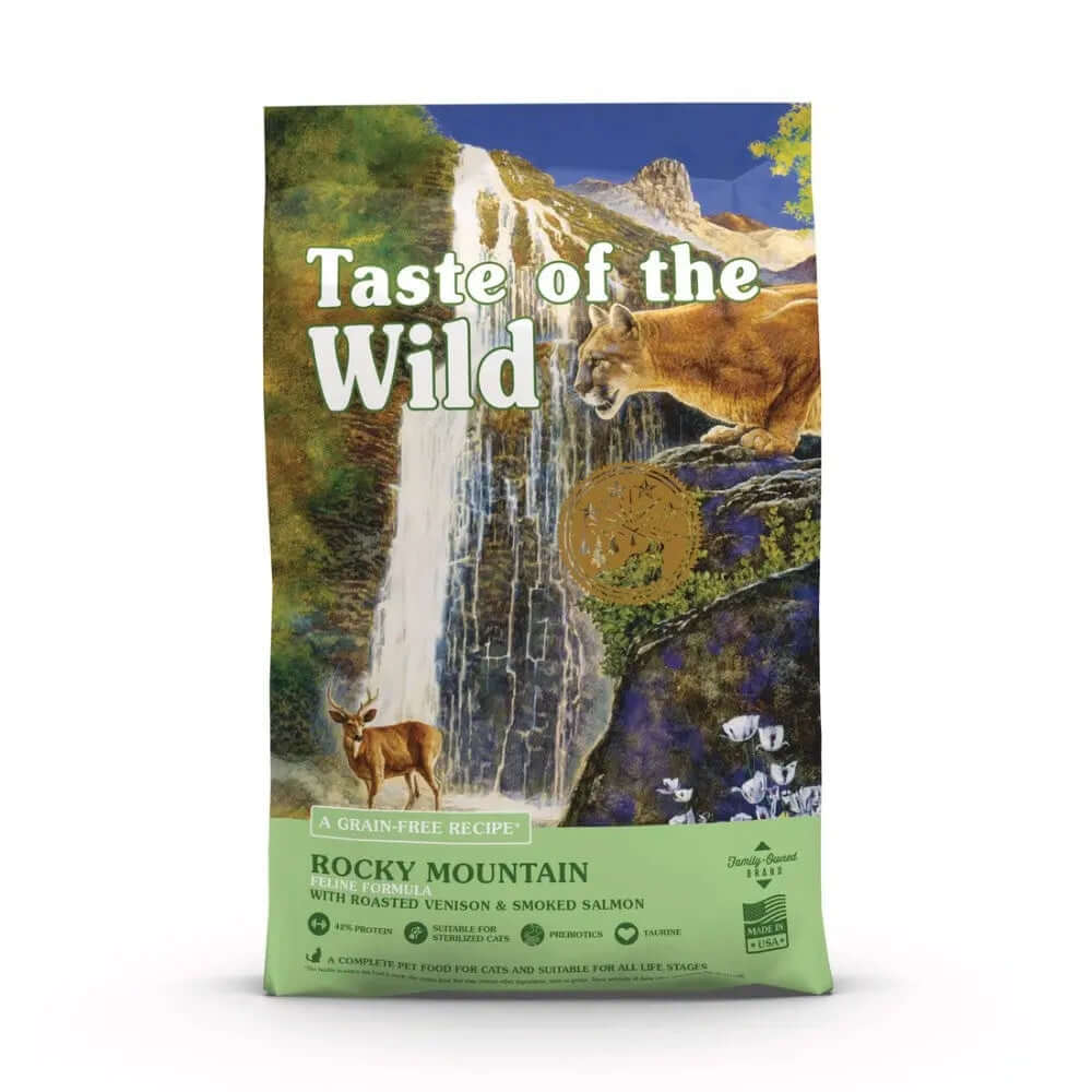 Taste of the Wild Feline Rocky Mountain Cat Food packaging featuring roasted venison and smoked salmon.
