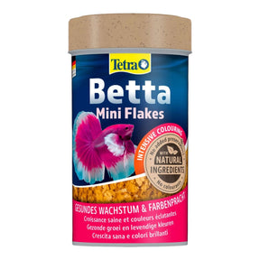 Tetra Betta Mini Flakes food for Siamese Fighting fish, promoting healthy growth and vibrant colors, 100ml.