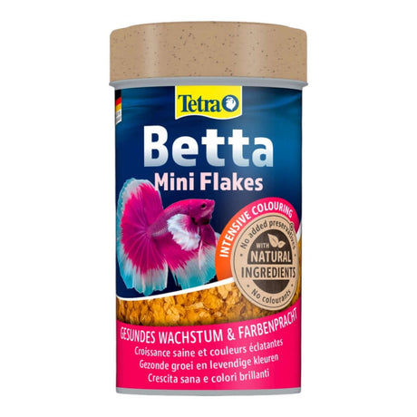 Tetra Betta Mini Flakes food for Siamese Fighting fish, promoting healthy growth and vibrant colors, 100ml.