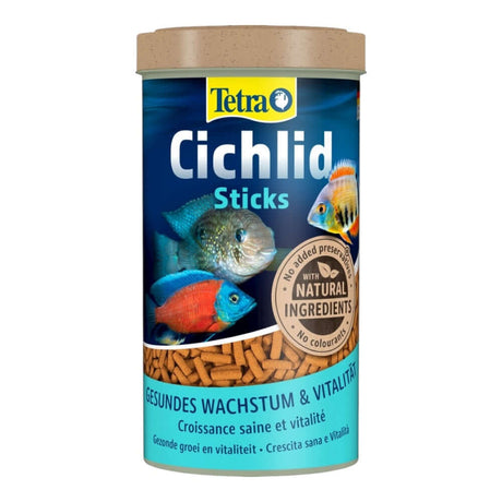 Tetra Cichlid Sticks container designed for balanced nutrition of cichlids and ornamental fish with natural ingredients.