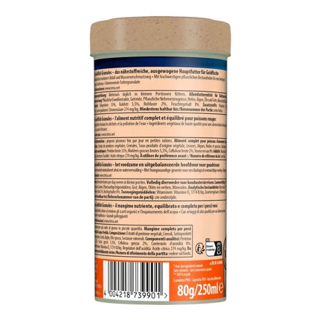 Back of Tetra Goldfish Granules packaging showing nutritional information and feeding instructions for goldfish.