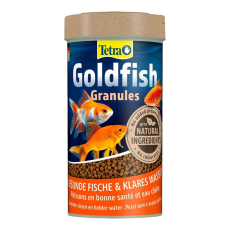 Tetra Goldfish Granules packaging for nutritious coldwater fish food with natural ingredients.
